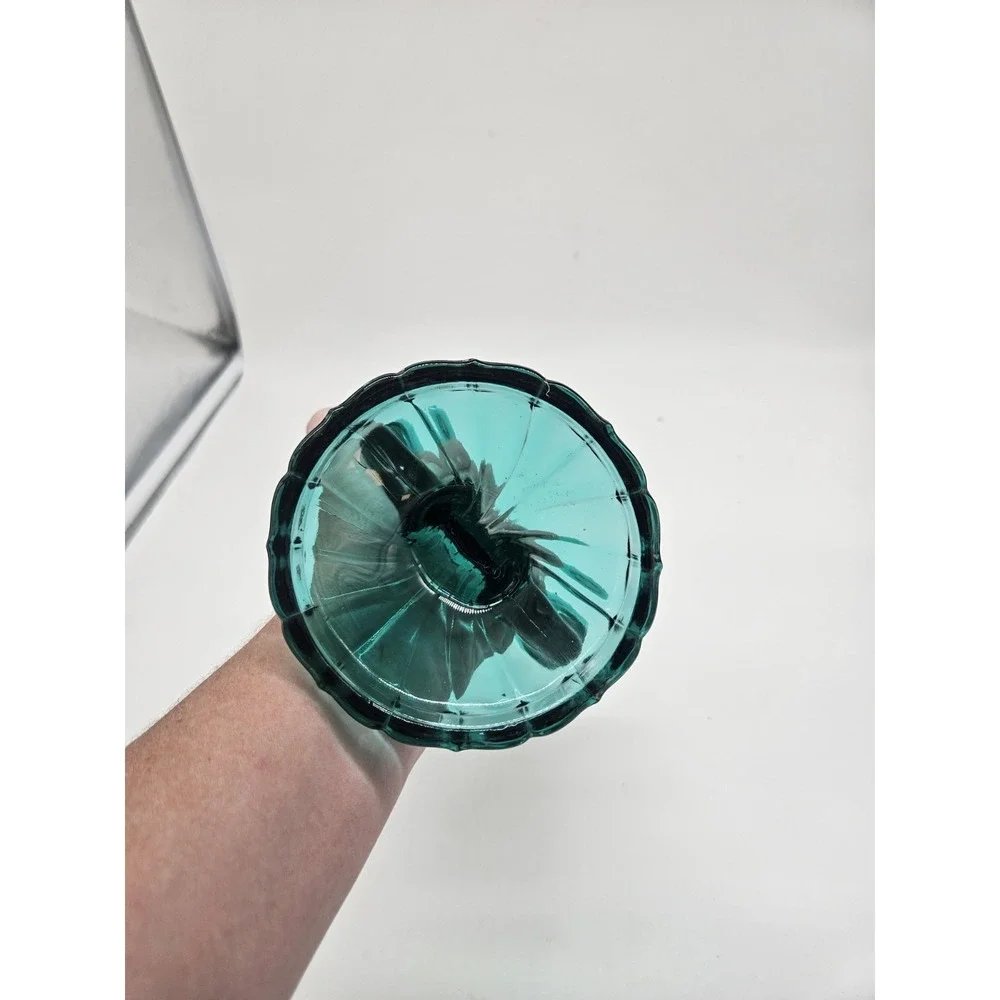 Vintage Jeanette Ultramarine Teal Glass Fan Double Candlestick Holder